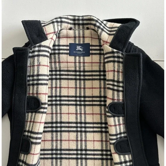 Vintage Burberry London Duffle Coat UK 10 Black Wool Hooded Toggle Nova Check 99 - Picture 7 of 16